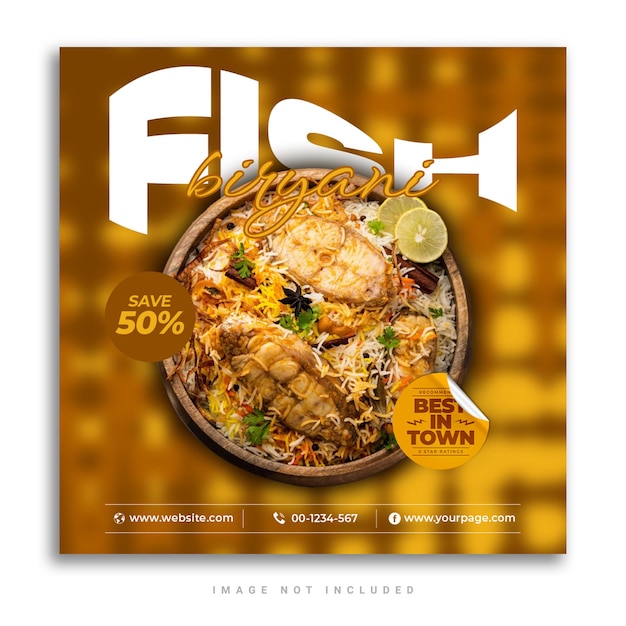 PSD template for an Instagram post banner about delicious fish biryani rice food