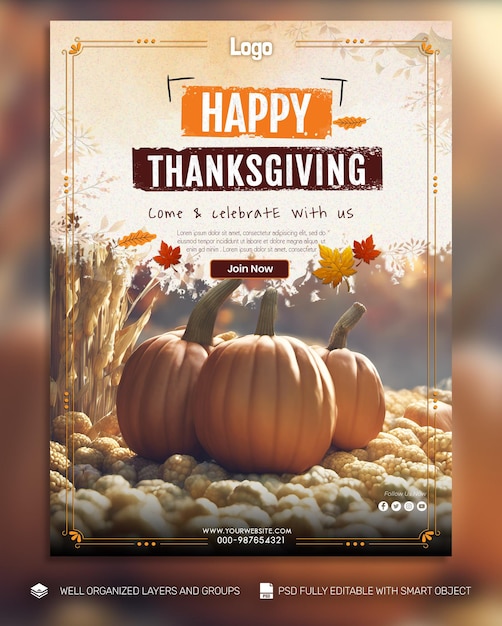 PSD TEMPLATE Poster and Flyer Thanksgiving and the Harvest Feast social media post