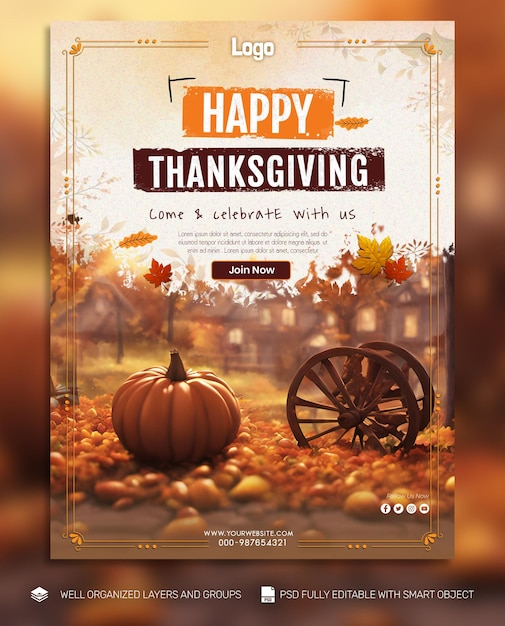 PSD TEMPLATE Poster and Flyer Thanksgiving and the Harvest Feast social media post