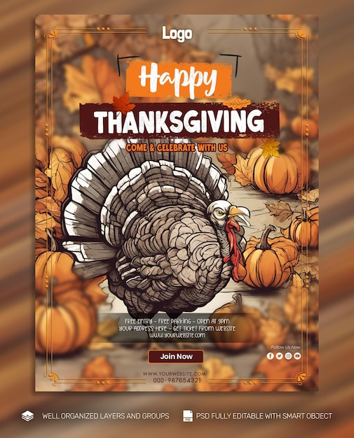 PSD TEMPLATE Poster and Flyer Thanksgiving and the Harvest Feast social media post