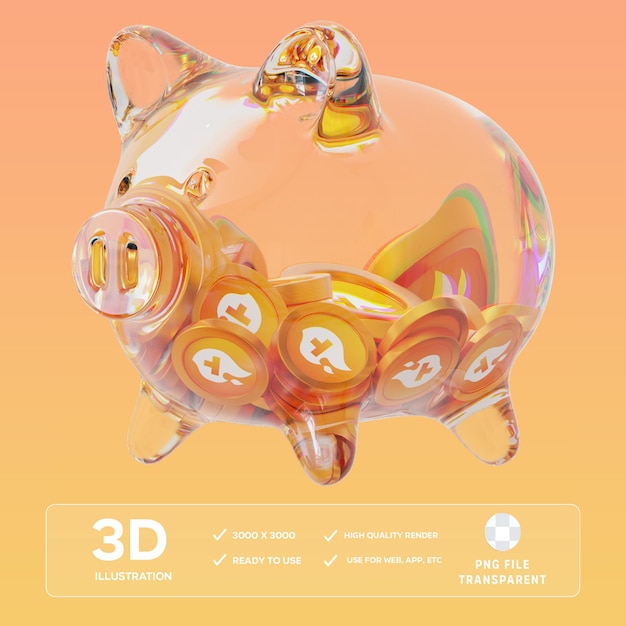 PSD tfuel clear glass piggy bank with decreasing piles of crypto coins 3D Illustration