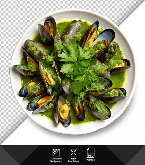 PSD psd top view delicious mussels with parsley and green sauce on transparent background