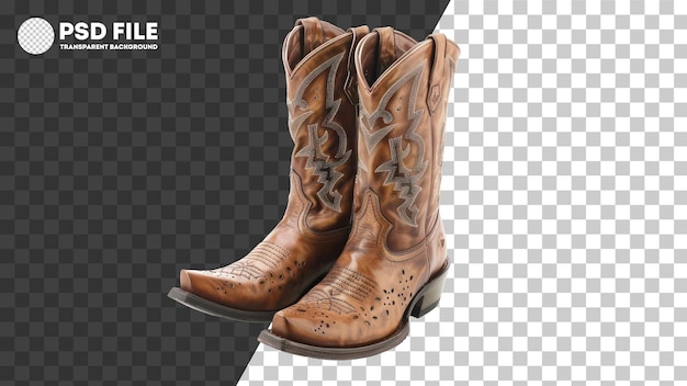 PSD Traditional brown leather cowboy boots with stitched detailing on transparent background