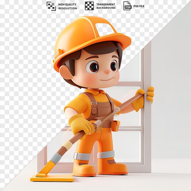 psd transparent background 3d janitor cartoon cleaning a window