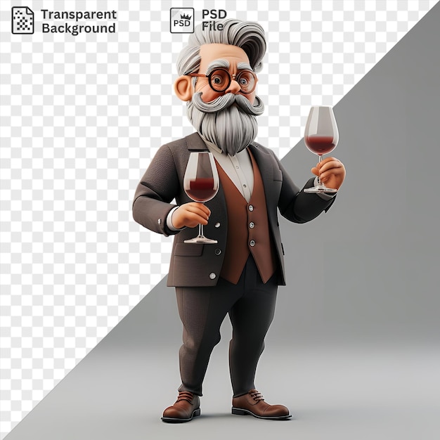 psd transparent background 3d sommelier tasting wine in a glass accompanied by a gray man with a gray beard and hair wearing a brown shoe and holding a clear wine glass the scene is