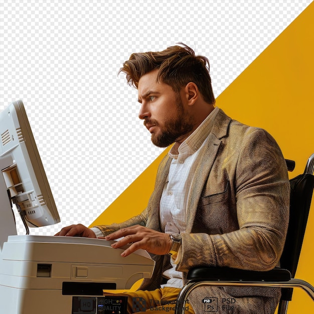 psd transparent background copy machine sitting on a chair in front of a yellow wall with a man in a white shirt and brown hair and a hand visible in the foreground png psd