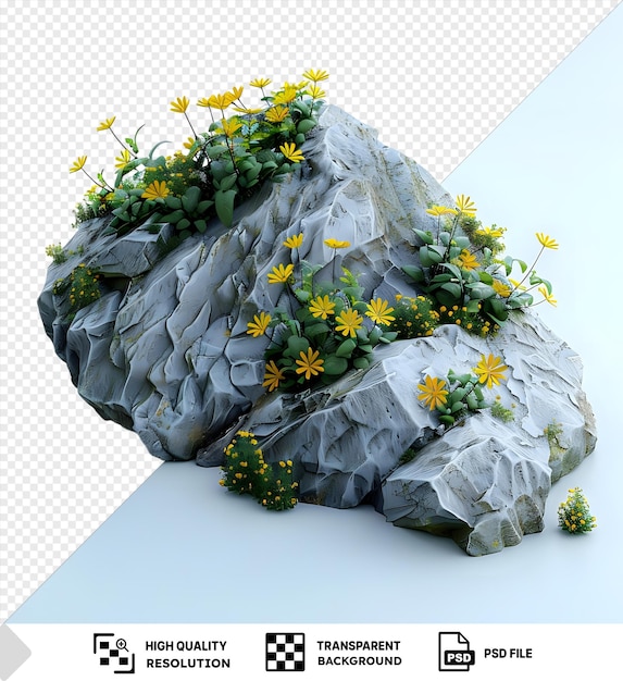 psd transparent background cutout rock surrounded by yellow flowers garden design flowering shrub and green plants for landscaping decorative shrub and flower bed png psd