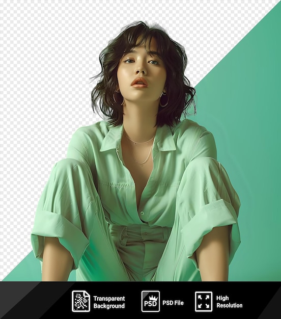 psd transparent background full length photo of funny bob hairdo millennial lady sit dance wear grey green look at the camera png psd