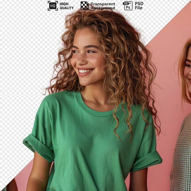 PSD psd transparent background good mood for a girl with long curly hair wearing a green shirt png psd