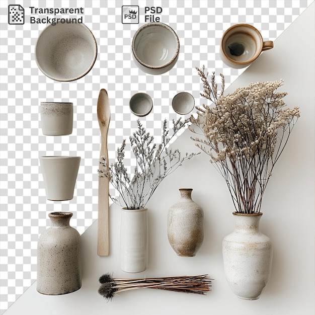 psd transparent background handmade pottery collection set featuring white and brown vases a wood spoon and a white cup