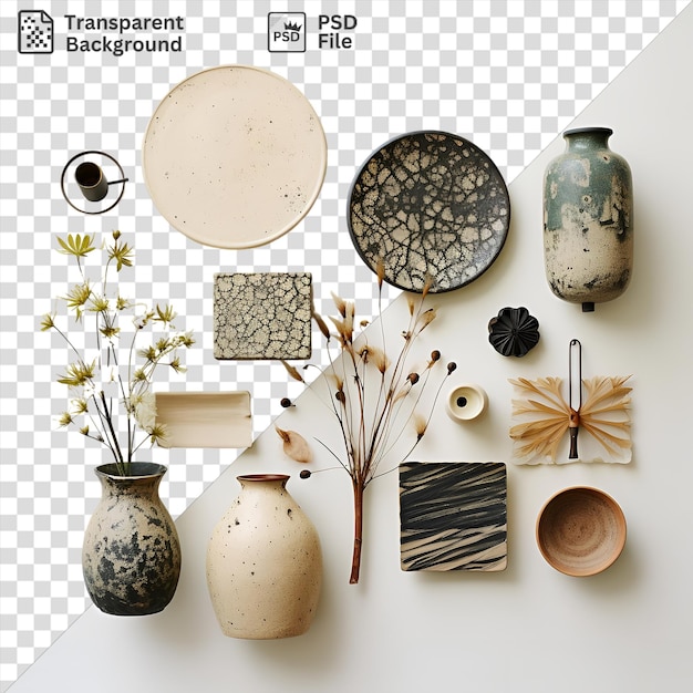 psd transparent background handmade pottery collection set featuring white and brown vases a wood spoon and a white cup