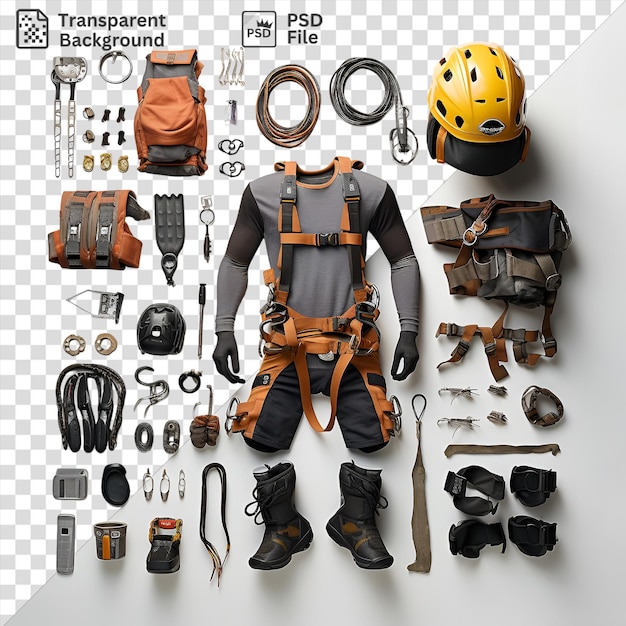 psd transparent background high performance rock climbing gear set featuring a yellow helmet black boots and an orange backpack