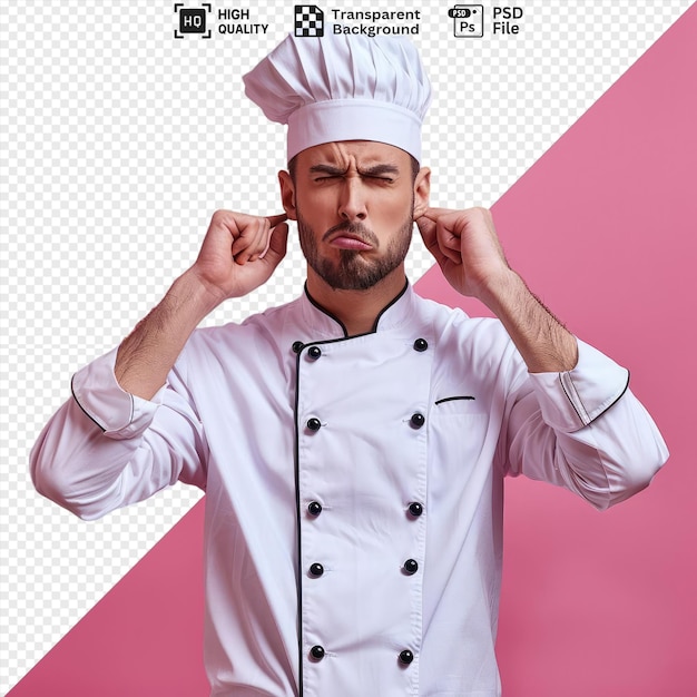 PSD psd transparent background irritated young male chef wearing uniform putting fingers ears looking camera with one eye closed png psd