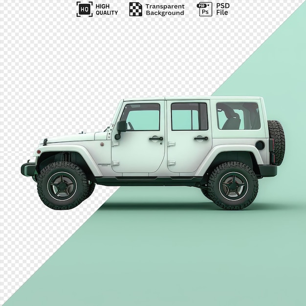 psd transparent background mockup of a white fourwheel drive car featuring black tires white doors and windows with a dark shadow in the foreground png psd