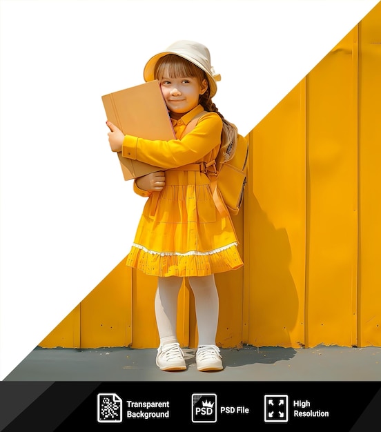 psd transparent background shining girl hugging exercise book outdoors in front of a yellow wall png