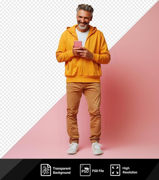 psd transparent background waist up portrait of a smiling cheerful handsome mature caucasian man replying to a voice message on his cell phone png