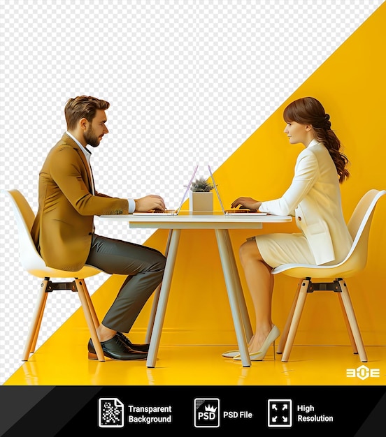 psd transparent background working process young adult elegant man typing on laptop sitting at table in office and woman opposite with back to camera png