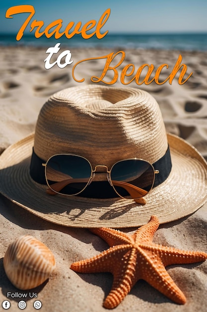 PSD Travel Poster with Straw hat and starfish on the sandy beach