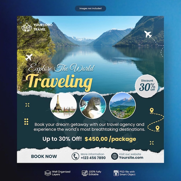 PSD travel and tourism business Instagram post or social media post template