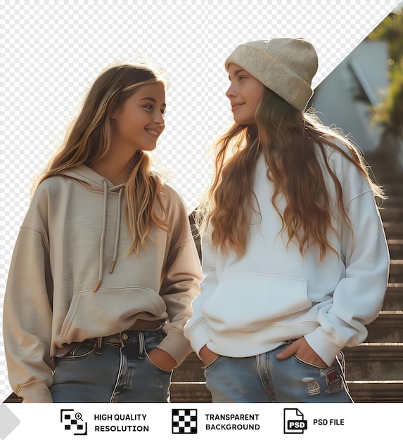 PSD psd two girls happily communicating climbing stairs outdoors one wearing a white shirt and blue jeans the other with long brown hair and a tan and white hat