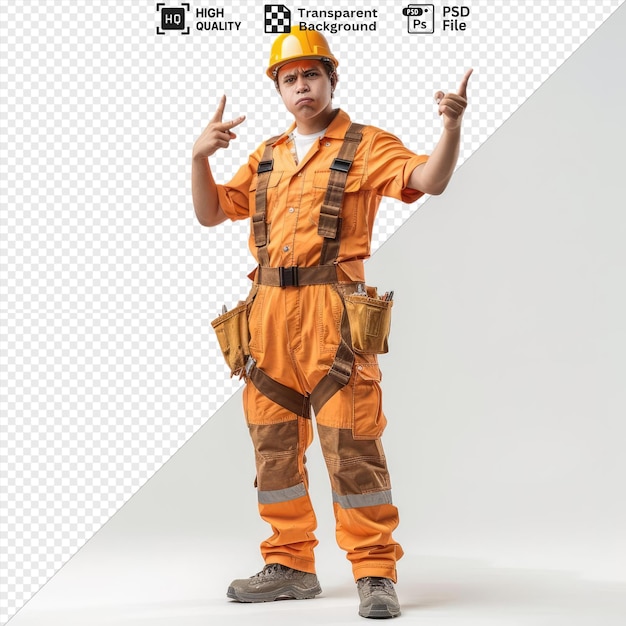 psd unpleased points side young builder man uniform with orange shirt and pants black belt and raised hand png psd