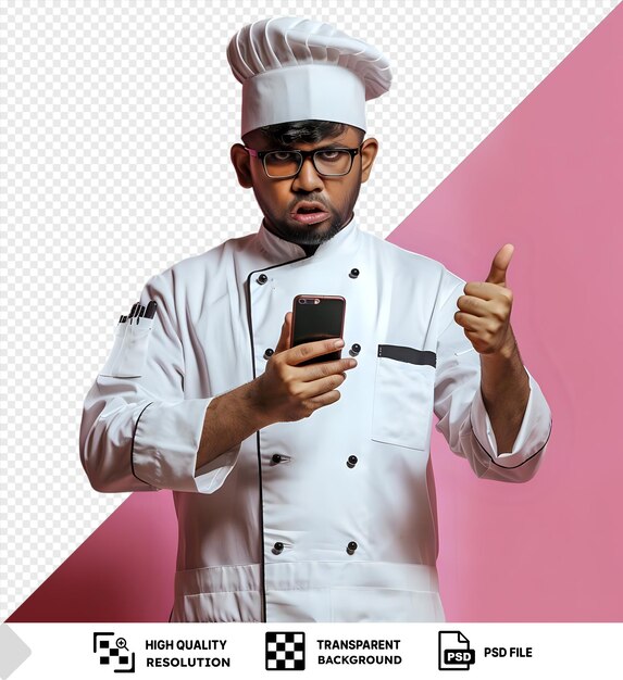 psd unpleased young male chef wearing glasses uniform and cap looking camera showing mobile phone and thumb down standing in front of a pink wall with a white hat and black glasses