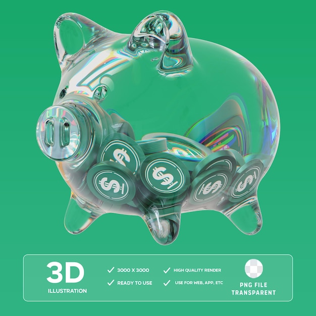 PSD usdd clear glass piggy bank with decreasing piles of crypto coins 3D Illustration