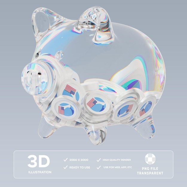 PSD ustc clear glass piggy bank with decreasing piles of crypto coins 3D Illustration