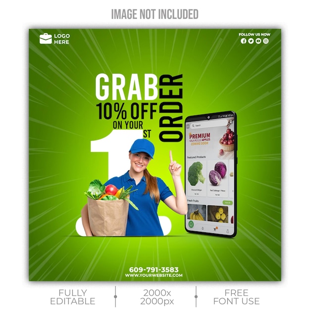 PSD vegetable and grocery 10 percentage sale banner social media promotion post template