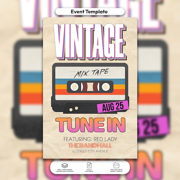 PSD psd vintage retro tune in party flyer and social media post template