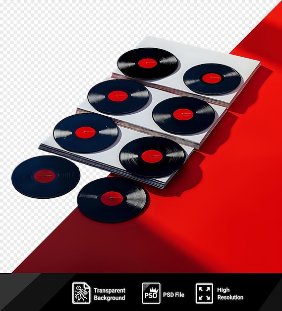 PSD psd vinyl records on a red background accompanied by a black and red cd and a red button