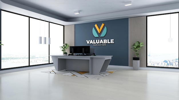 PSD wall logo mockup in the office receptionist or front desk