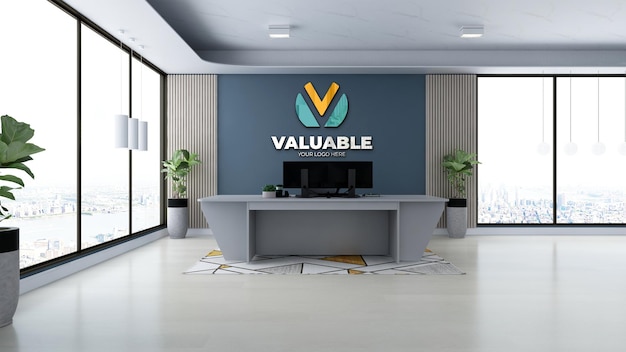 PSD wall logo mockup in the office receptionist or front desk