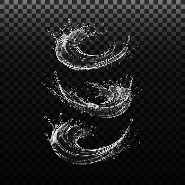 PSD water splashes liquid waves with swirls and drops fluid splashing isolated on PNG background