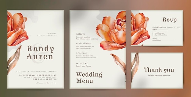 PSD psd wedding invitation pack template with elegant watercolor orange flower