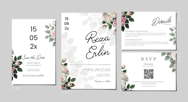 psd wedding invitation set template with flower backgroun