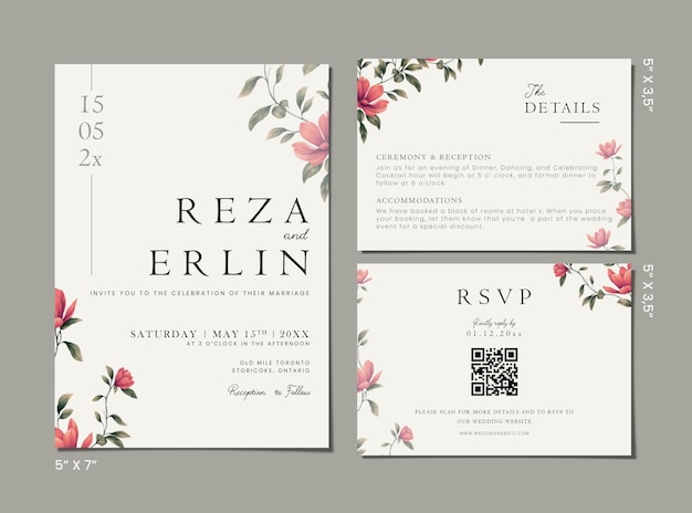 PSD wedding invitation set template with flowers