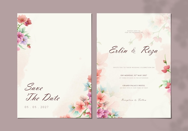 psd wedding invitation template with colorful flowers watercolor