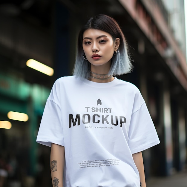 PSD white oversize tshirt streetwear mockup worn by women with street background