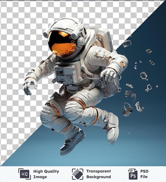 psd with transparent 3d astronaut floating in space with a white helmet and black and white shoe against a blue sky backdrop with a white arm visible in the foreground