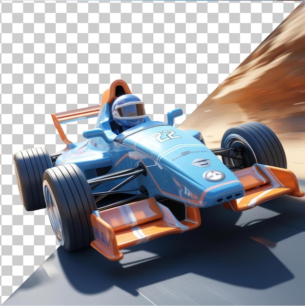 PSD with Transparent 3D race car driver cartoon accelerating on a racetrack