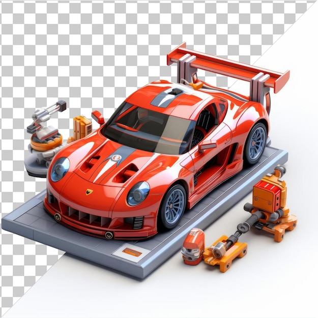 PSD with Transparent 3D race car mechanic cartoon finetuning a highperformance car