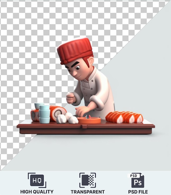 PSD with Transparent 3D sushi chef cartoon preparing a sushi feast