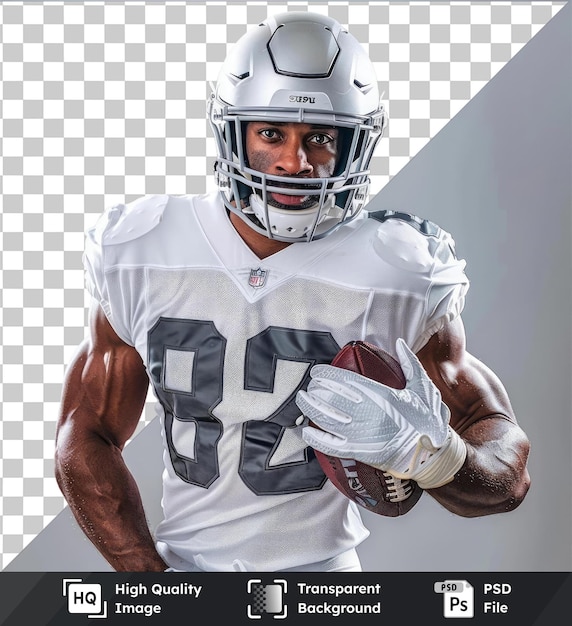 psd with transparent american football player wearing helmet posing with ball wearing gray and white pants and holding a white glove with a hairy arm visible in the foreground