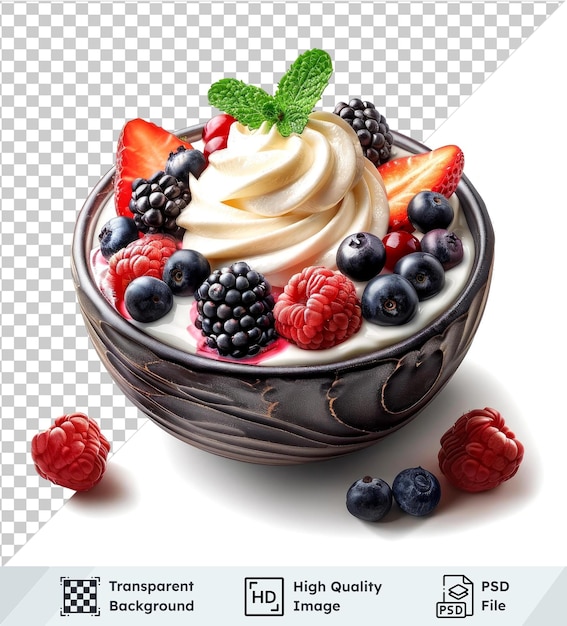 psd with transparent bowl with yogurt and fresh fruit isolated on a transparent background