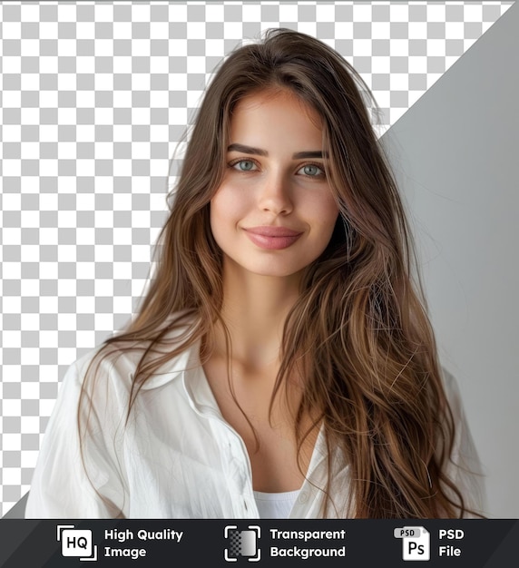 psd with transparent brunet cheerful young woman beauty portrait perfect makeup long chic elegant hair model tests young cute girl in white t shirt