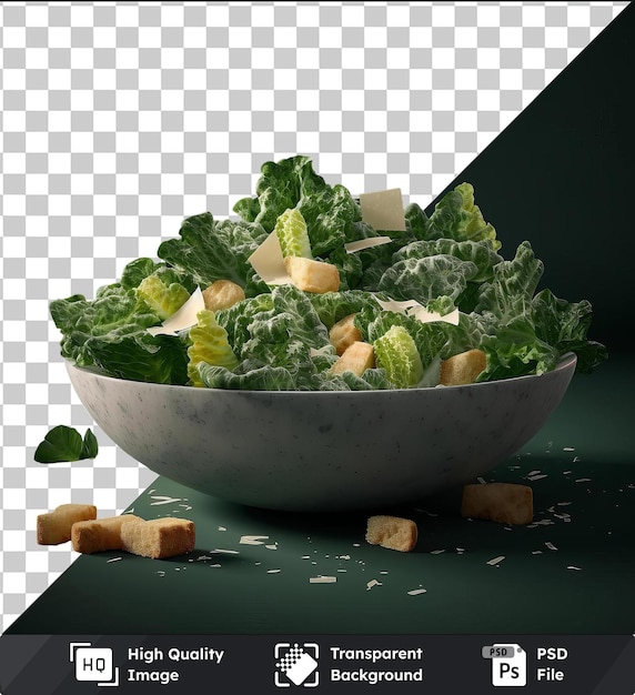 psd with transparent classic caesar salad in a white bowl