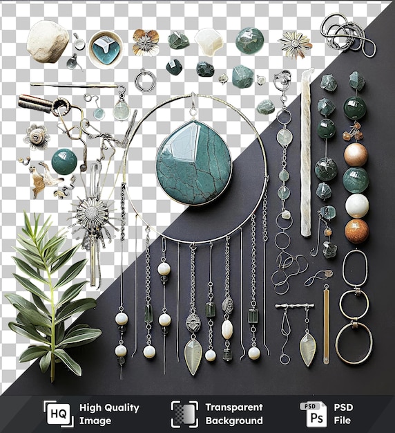 PSD psd with transparent custom jewelry design and crafting tools set a green plant gold and silver necklaces and a white ball