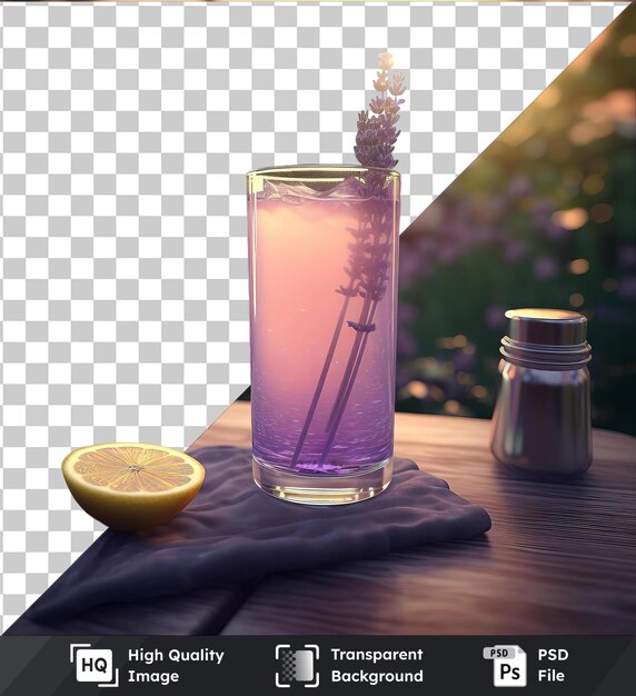 psd with transparent delicate lavender lemonade in a tall glass on a wooden table