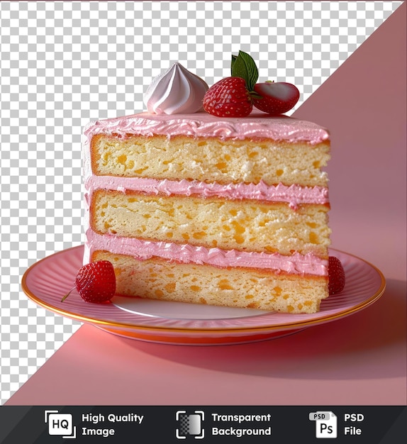 psd with transparent delicious vanilla cake slice and fresh strawberries on a pink plate